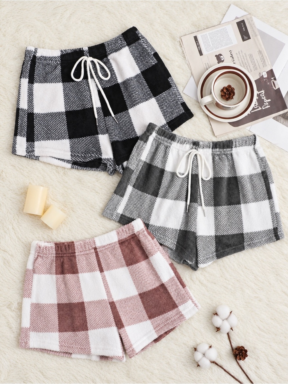 🌸SL54 - SHEIN Buffalo Plaid Print Fluffy Sleep Shorts 3-Pack Fluffy Sleep Shorts